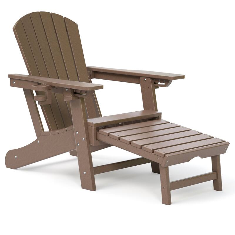Outdoor Adirondack Chair Weather Resistant with Cup Holder/Ottoman - Brown