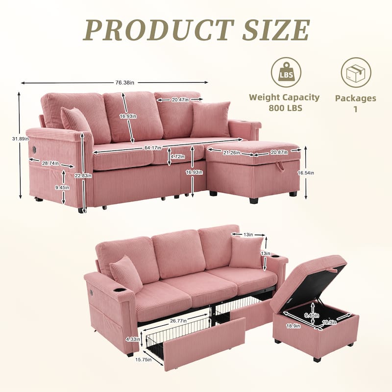 HOMEFUN Corduroy Upholstered L-shaped Pull-Out Storage Sectional Sofa with Storage Ottoman,USB Charging,Cup Holder