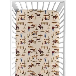 Wild West Collection Boy Jersey Knit Fitted Crib Sheet - Red, Blue, Tan Western Cowboy Southern Country Horse