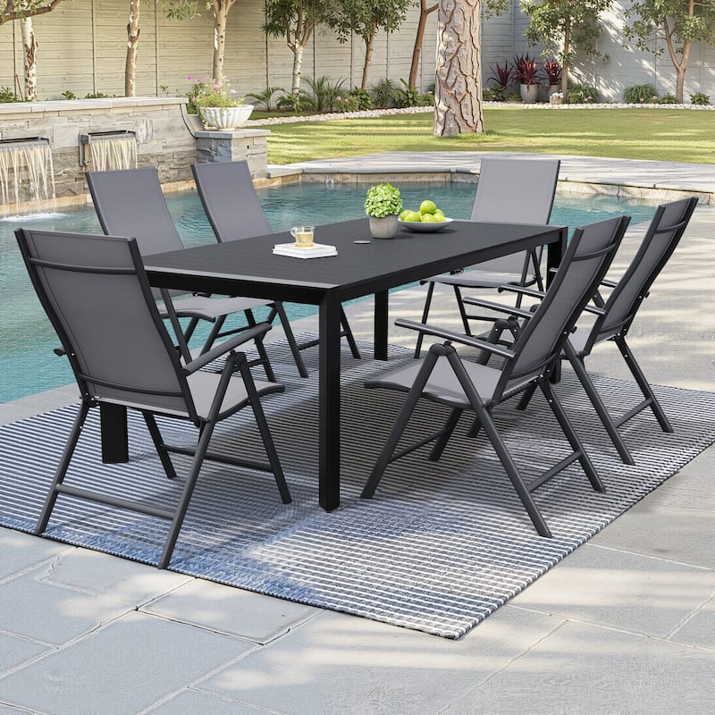 7-Piece Outdoor Aluminum Patio Dining Table with Umbrella Hole and Folding Dining Chair Set - Set of 7 - Grey