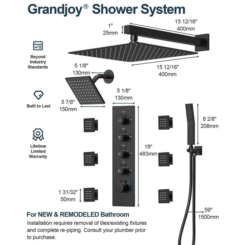 GRANDJOY Shower System Dual Shower Heads 16" and 6" Wall Mounted High Pressure Handheld Spray 6 Body Jets Thermostatic
