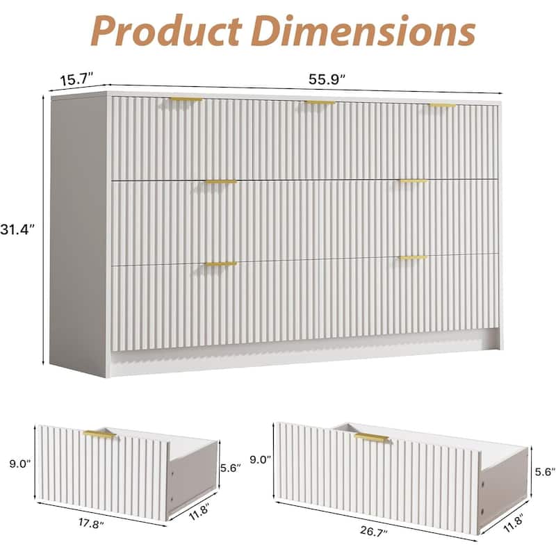 7 Drawer Dresser Fluted Wood Clothes Storage Cabinet, Modern Wide Dresser for Bedroom