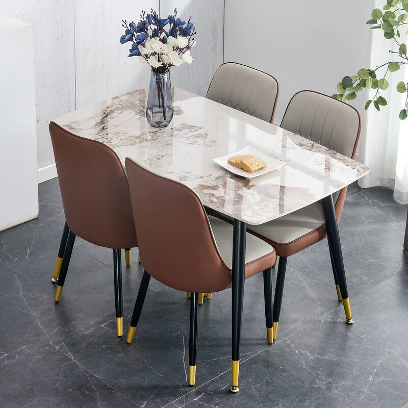 4 Person Dining Table Set, Sintered Stone Dining Table Set for 4, 5-Piece Kitchen Table Chairs Set with 4 Faux Leather Chairs