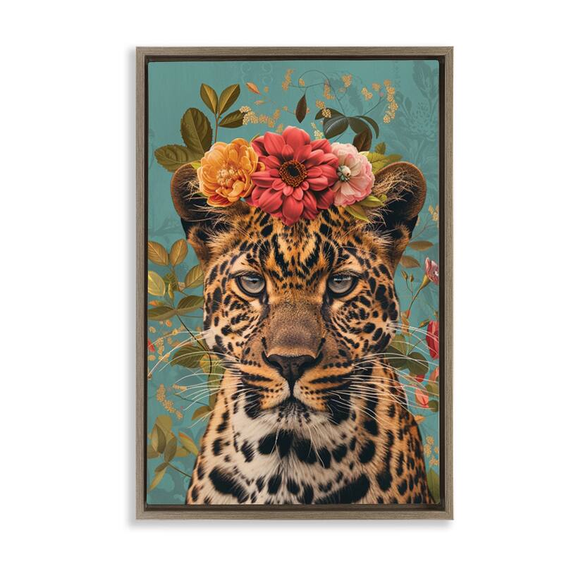 Stupell Floral Crown Wild Cheetah Framed Floater Canvas Wall Art Design By LSR Design Studio - 17 x 25 - Brown
