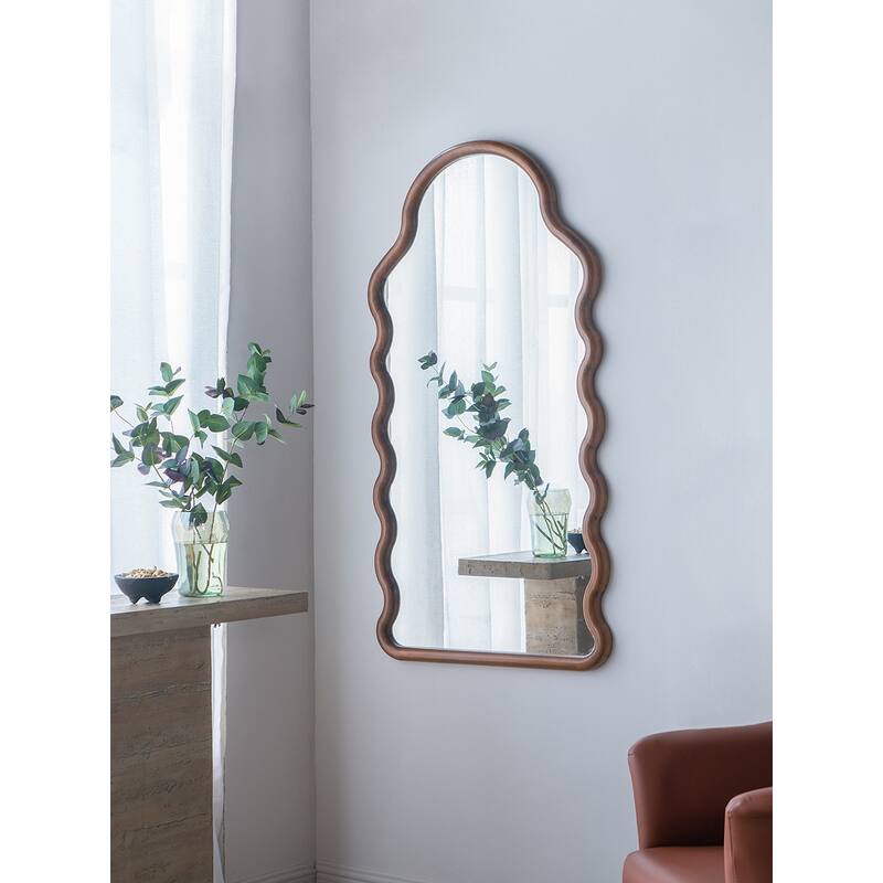Arch Wall Mirror 55 Inches Height Solid Pine Wood Frame Unique Design - Brown