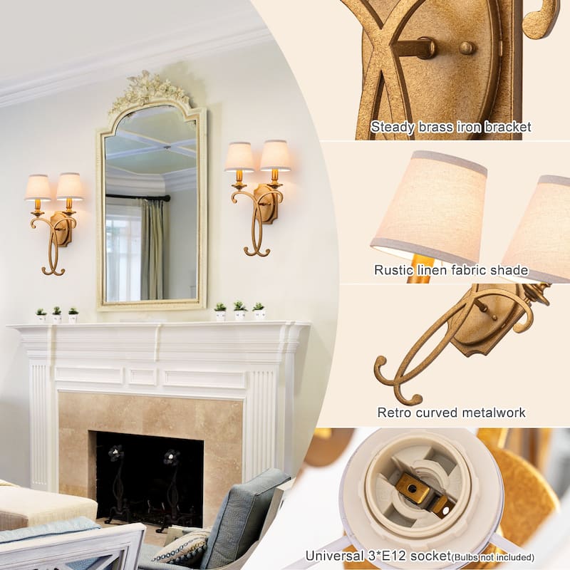2-Light Antique Gold Metal Wall Sconce Cone Linen Fabric Shades