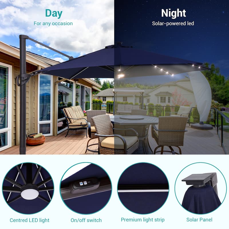 Bonosuki 11Ft Aluminum LED Cantilever Patio Umbrella with Base for Patio Deck Garden
