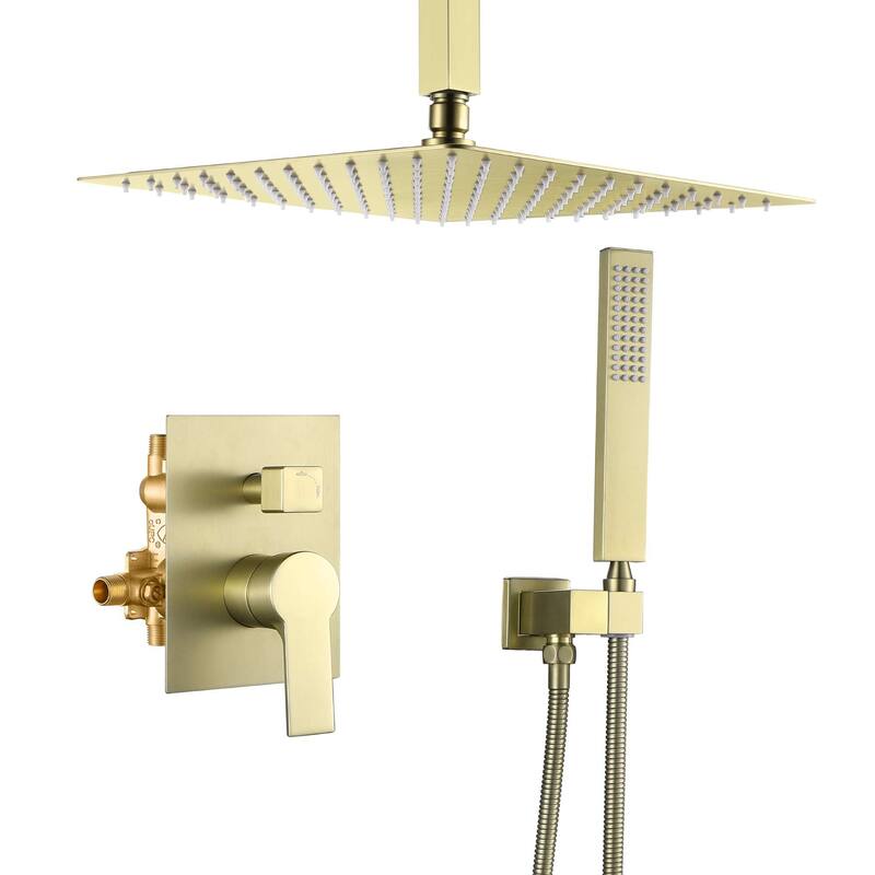 Ceiling Mount Shower Faucet Set With Hand Shower Rainfall Shower System Set 12 Inch Shower Head Set With Pressure Balance Valve - Brushed Gold