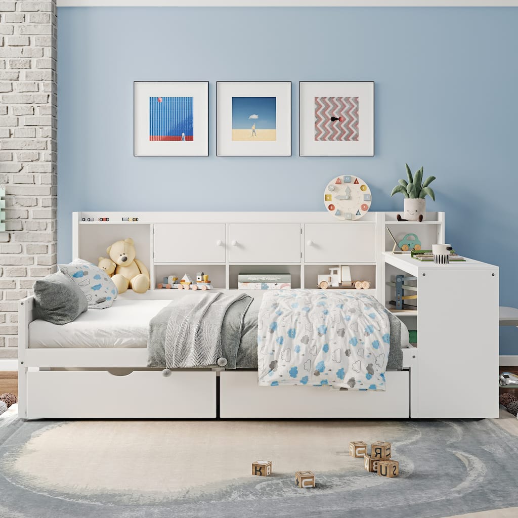 Full Size White Wooden L-Shape Daybed with Study Desk & Built-In Bookshelf