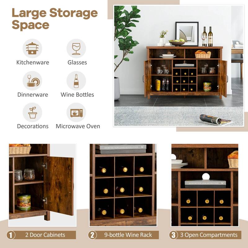 Gymax Buffet Storage Cabinet Farmhouse Sideboard w/9-Bottle Wine Rack