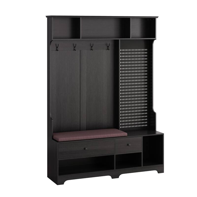 Multi-purpose Hallway Hall Tree with Removable Linen Cushioned Entryway Bench, Coat Rack, Storage Shelves, and DIY Pegboard