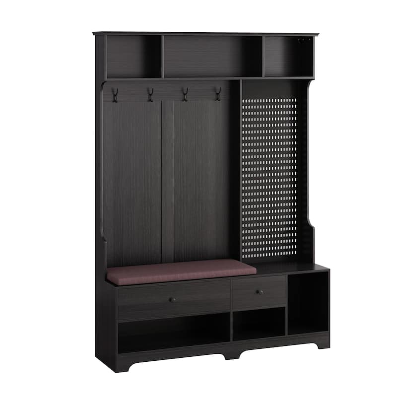 Versatile Hallway Hall Tree with Removable Linen-Cushioned Bench,Coat Rack,Ample Storage Shelves,and Customizable DIY Pegboard