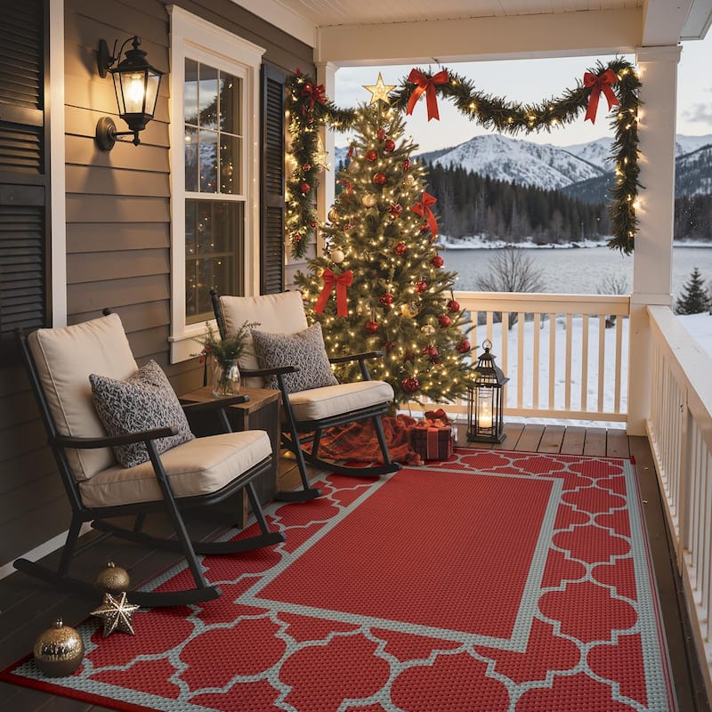 Reversible Dark Geometric Flat-Weave All-Season Outdoor Rug - 6'X9'