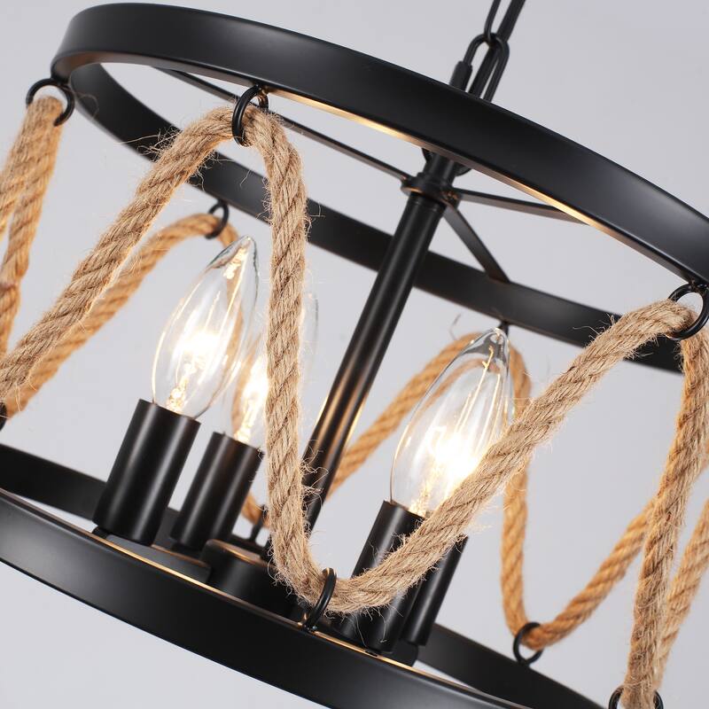 4-Light Drum-shaped Chandelier with Hemp Rope for Kitchen Living Room