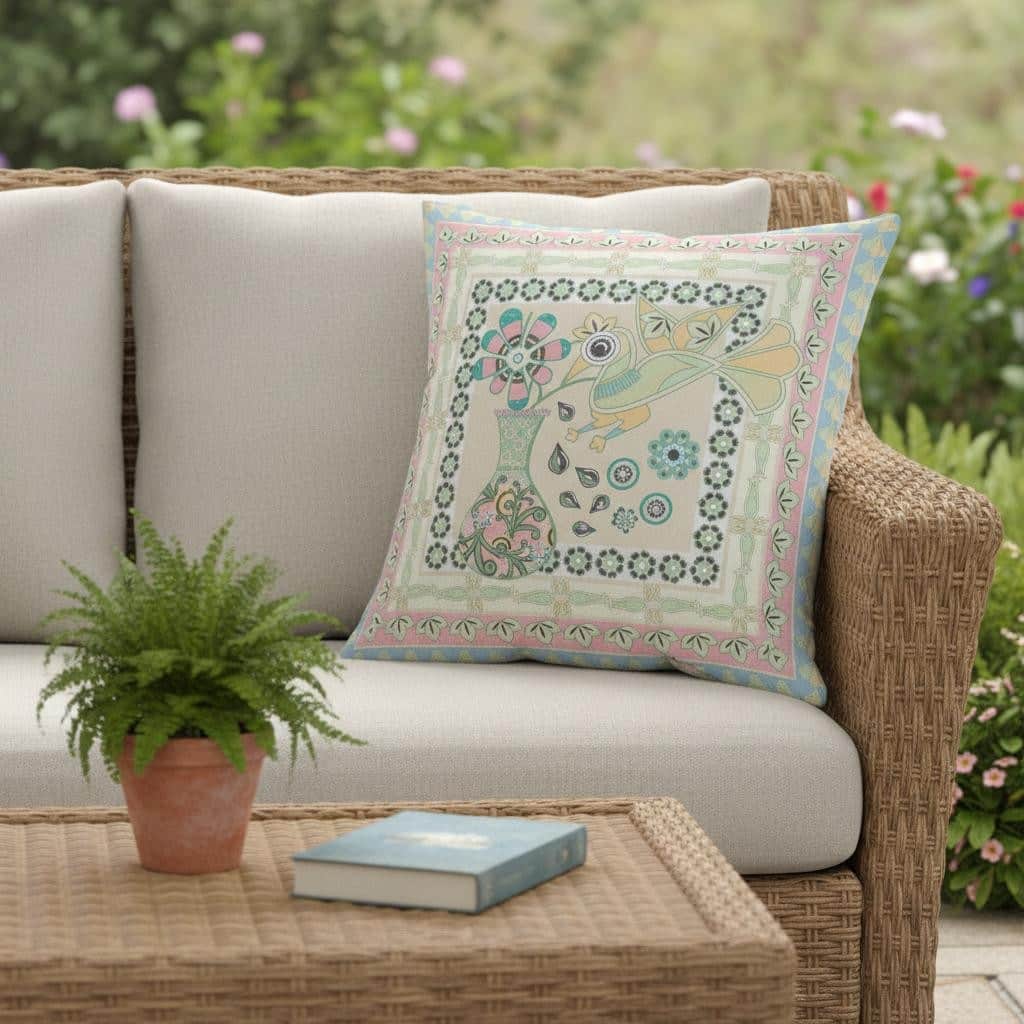 HomeRoots 26" x 26" Blue and Beige Peacock Blown Seam Floral Indoor Outdoor Throw Pillow - 26.00' X '5.00' X '26.00