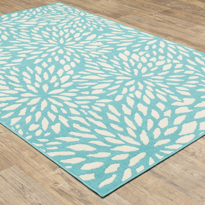 Style Haven Martinique Floral Petals Indoor Outdoor Aqua/ Off-White Area Rug