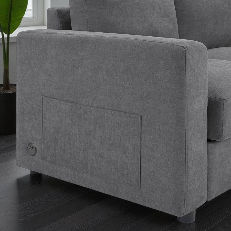 84.6" Modern L-Shaped Sectional Sofa with Curved Chaise Lounge, USB Ports and Storage Pockets, Chenille Couch for Living Room