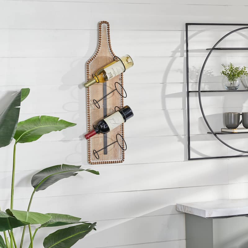 Wood Bottle Shaped 4 Bottle Wall Wine Rack with Beaded Frame - Brown - Roche River Decor - 5"W x 9"L x 32"H