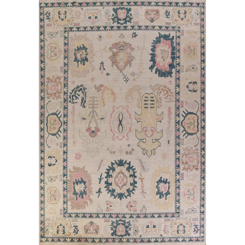 Hand Knotted Oriental 100% Wool Carpet Transitional All-Over Beige & Ivories Oushak Area Rug - 13' 9'' X 9' 11''