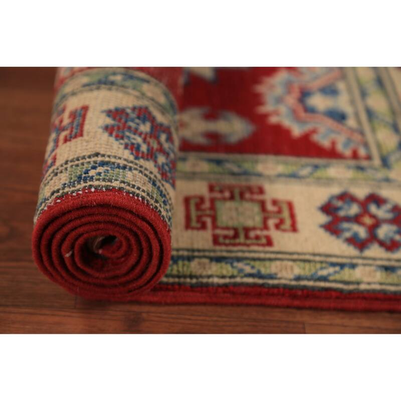 Red Geometric Kazak Foyer Rug Handmade Wool Carpet - 2'8" x 4'3"