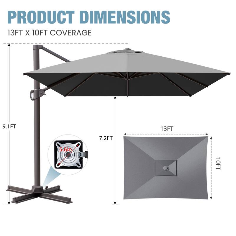VredHom 10x13FT Patio Cantilever Umbrella Outdoor Offset Umbrella 360-Degree Rotation