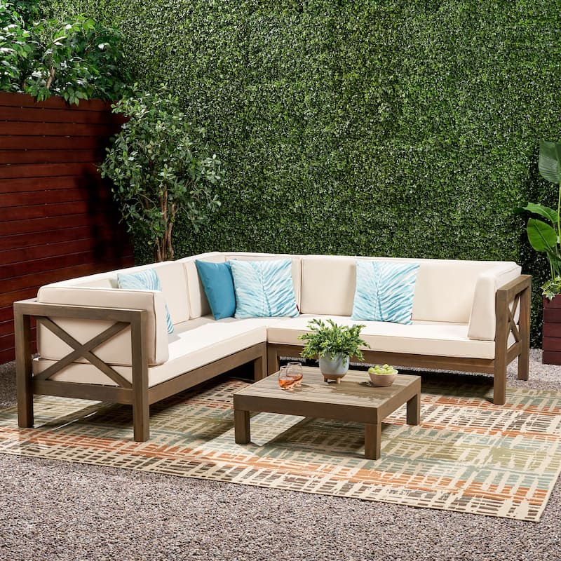 Brava Outdoor 4 Piece V-Shaped Acacia Wood Sectional Sofa and Coffee Table Set by Christopher Knight Home - White