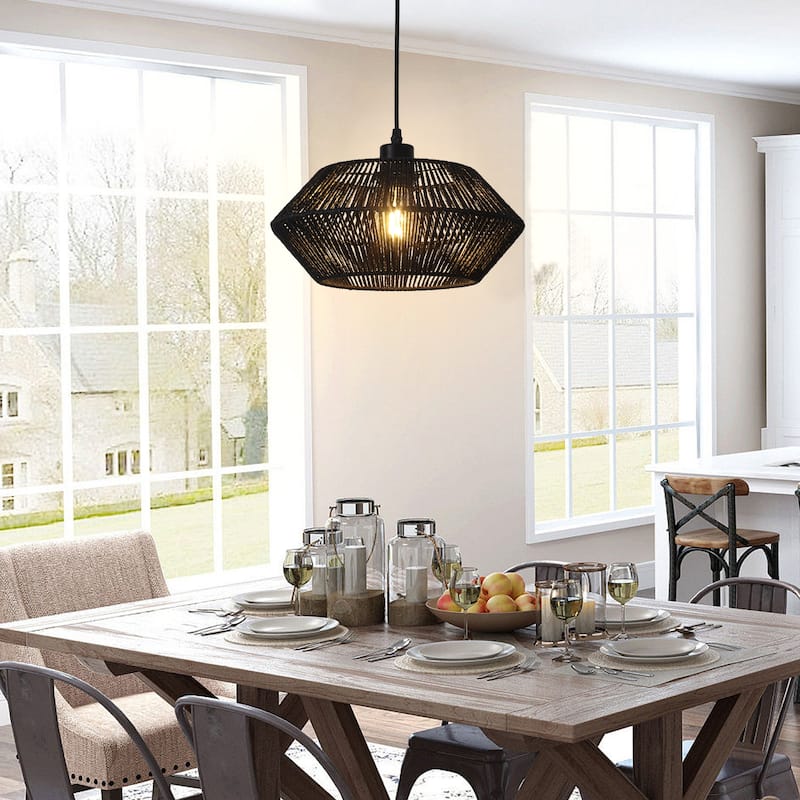 1-Light Modern Semi Flush Mount Chandelier, Handmade Rattan Hanging Pendant Light for Kitchen Island - W12.59"x H5.7"