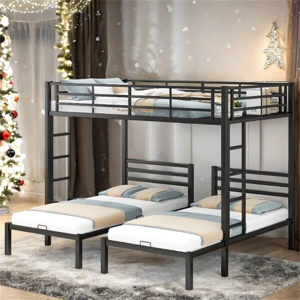 slide 2 of 24, Full over Twin & Twin Size Bunk Bed with Built-in Shelf in Black Black