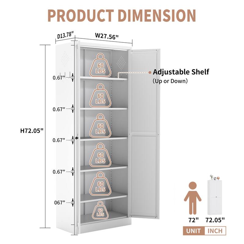 72" White Metal Kitchen Pantry Cabinet with Doors, Heavy-Duty Freestanding Storage Organizer with 5 Adjustable Shelves