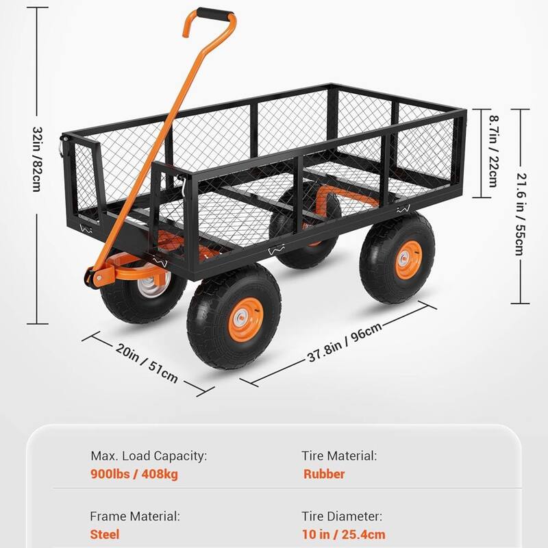 900 LBS Heavy Duty Steel Garden Cart, Utility Yard Wagon for Landscaping, Lawn, Farm, Outdoor Use