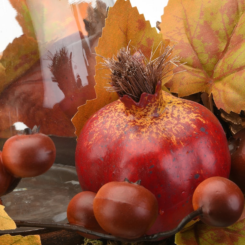National Tree Company Artificial Autumn Centerpiece with Maple Leaves, Pomegranates, Pine Cones, Holds Three Candles, 24 Inches