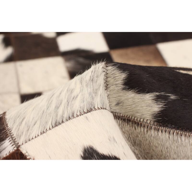 ECARPETGALLERY Handmade Cowhide Patchwork Cream, Brown Leather Rug - 5'11 x 7'11