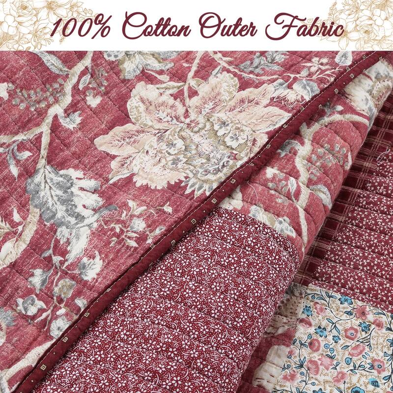 Cozy Line Thalia Real Patchwork 3 Piece Red Reversible Cotton Quilt Bedding Set