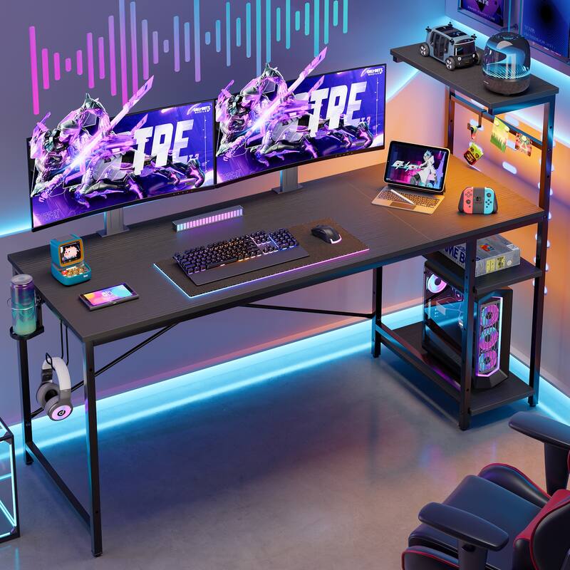 Bestier 61 in. Rectangular Gaming Desk with RGB LED Lights Computer Desk with 4 Tier Storage Shelves and Hook