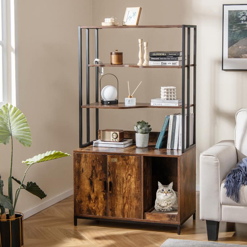 Cat Litter Box Cabinet with Storage Space & 3-Tier Shelves, Modern Design - 33.5" x 18" x 61"