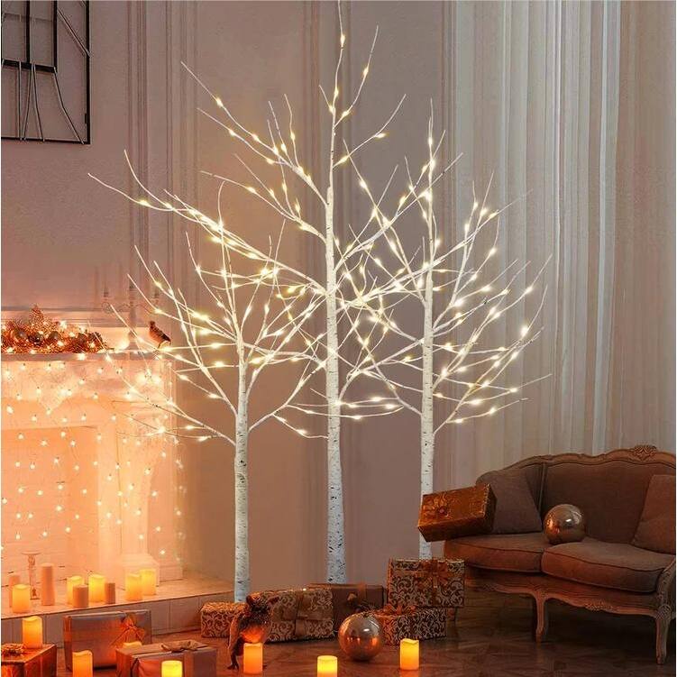 3 Piece Pre-lit Artificial Christmas Tree Set with Warm White Lights, Twinkle LED Birch Tree for Wedding, Festival, Party