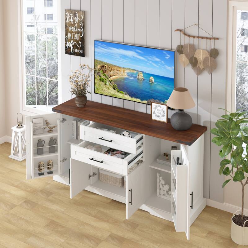 63 Inch Fluted Sideboard Buffet Cabinet with 4 Doors, 3 Drawers & Coffee Bar Station