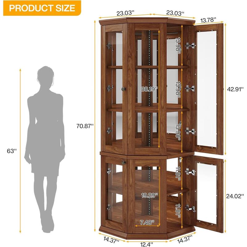 71 Inches Brown Wood Corner Bar Cabinet, 5-Tier Wine Cabinet with Doors & LED Lights for Living Room