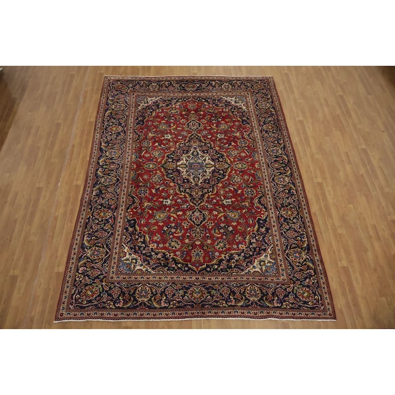 Hand Knotted Oriental 100% Wool Carpet Traditional Floral Red Kashan Area Rug - 11' 1'' X 7' 11''