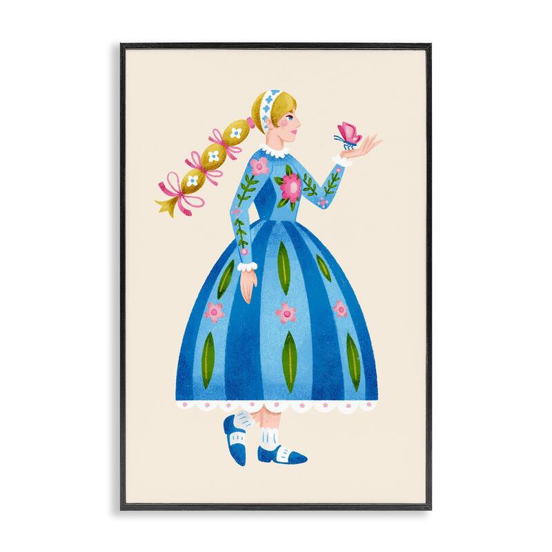 Stupell Blonde Folk Girl & Butterfly Framed Giclee Art Design By Hannah Moren - 12 x 18 - Black