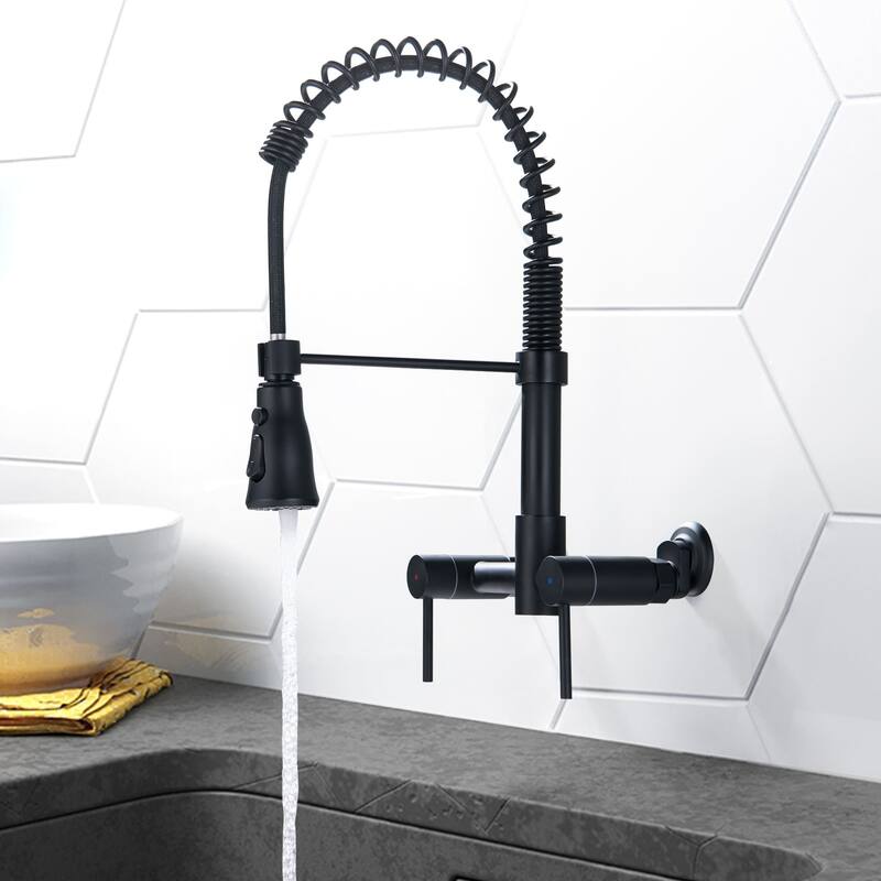 Wall Mount Commercial Kitchen Faucet With Pull Down Sprayer 2 Hole 8 Inch Kitchen Sink Faucet Matte Black Spring Basin Tap