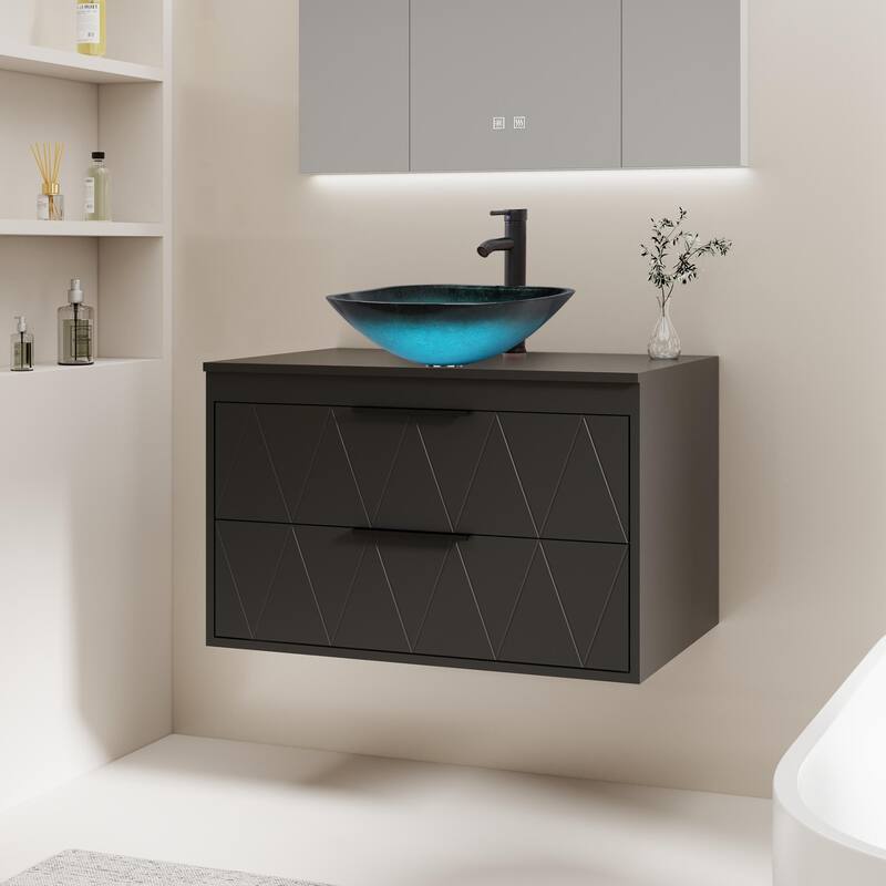 Modern Wall Mounted Bathroom Vanity Set with Vessel Sink & Faucet - black-30 in - 30-2 Glass blue square sink