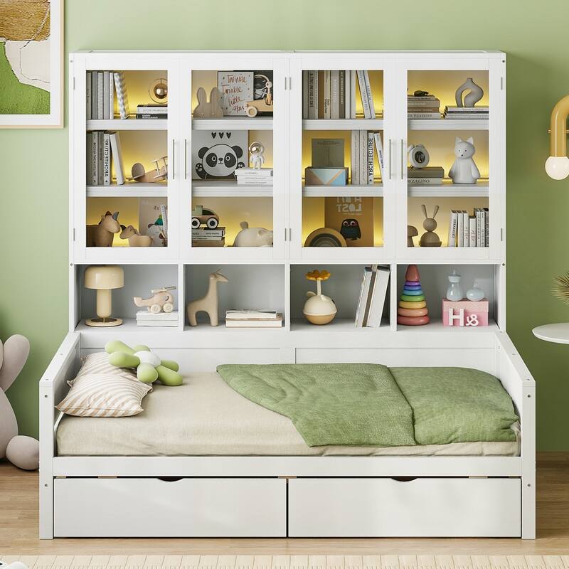 Wooden Daybed with Glass-Door Storage Cabinets and Built-in LED Lighting - White - Twin