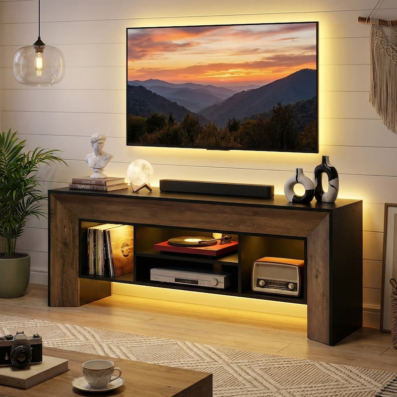 Rectangular Wood Entertainment Center fo TVs up to 75 Inches, Black and Brown TV Stands for Living Room