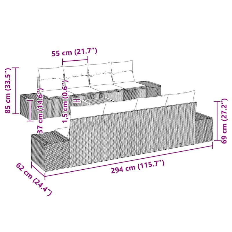 vidaXL 9 Piece Garden Sofa Set with Cushions Black Poly Rattan Acacia - 115.7×24.4×27.2