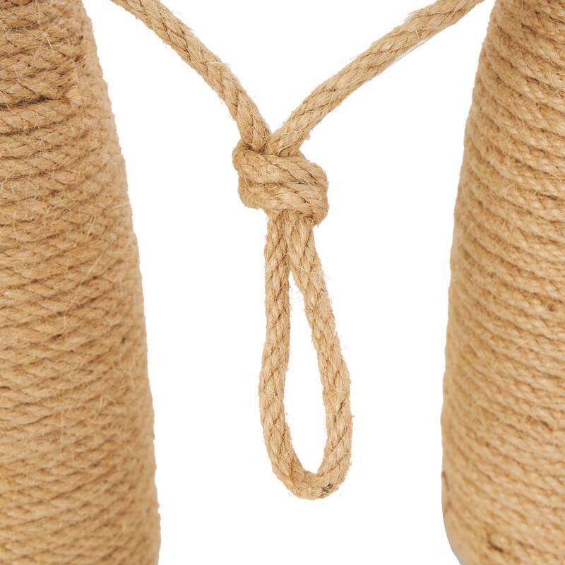 White or Brown Wood Handmade Coiled Striped Rope Buoy Sculpture with Joined Hanging Handle (Set of 2)