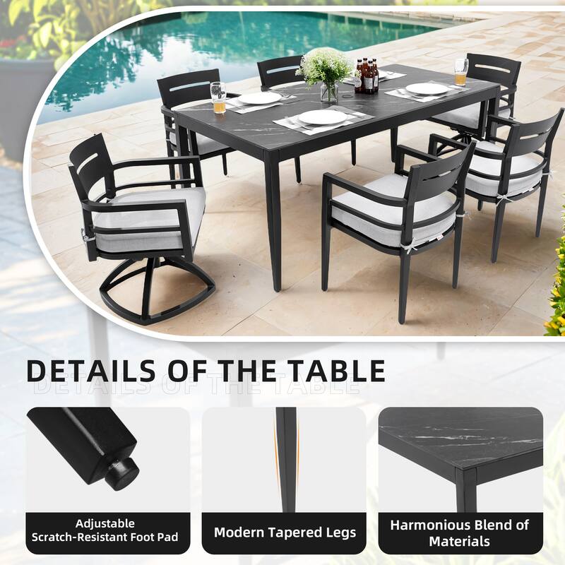 7-Piece Outdoor Patio Aluminum Dining Set with Marble-pattern Tabletop, 2 Swivel Rocker & 4 Armchairs, Umbrella Hole