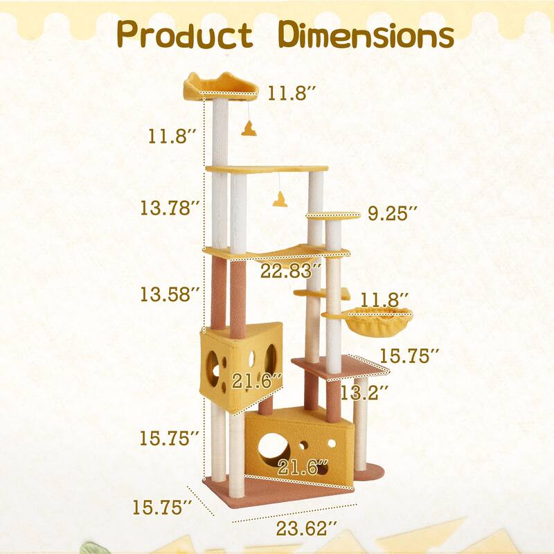 EROMMY Cheese-Shaped Multi-Level Cat Tree Tower with Hammock, Top Perch, and Sisal Scratching Posts
