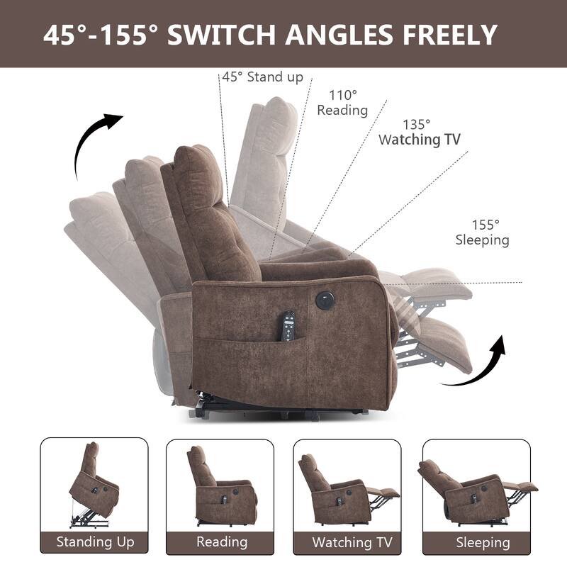 Chenille Power Lift Recliner Chair, Single Motor Heavy Duty Recliner Chair with Massage & Heat, Lounge Sofa Chair with USB Port