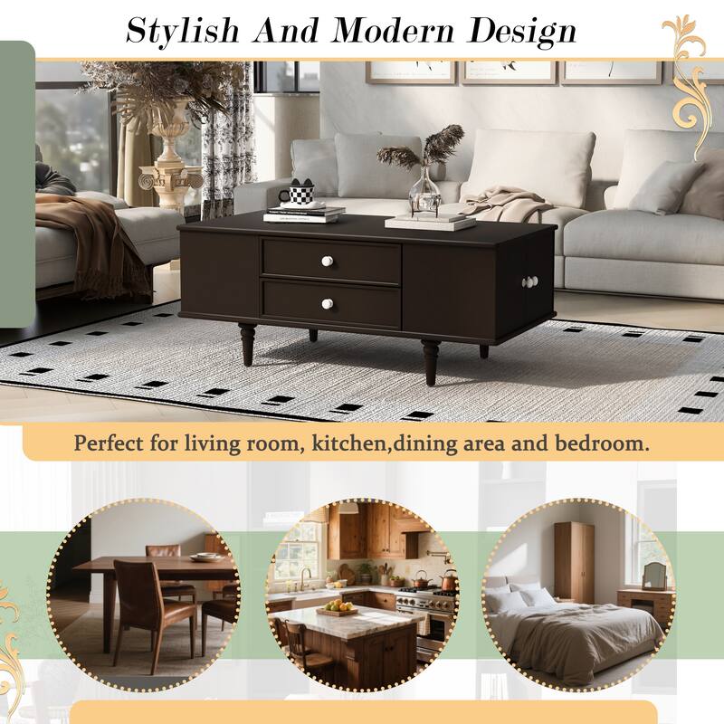 47.2"Rectangle Coffee Table with Four Drawers,Two Side Hidden Storage Compartments,Metal Handles and Four Solid Wood Legs